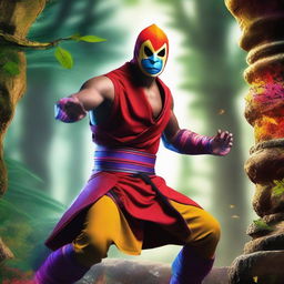 A human warrior monk from Dungeons and Dragons wearing a colorful lucha libre mask