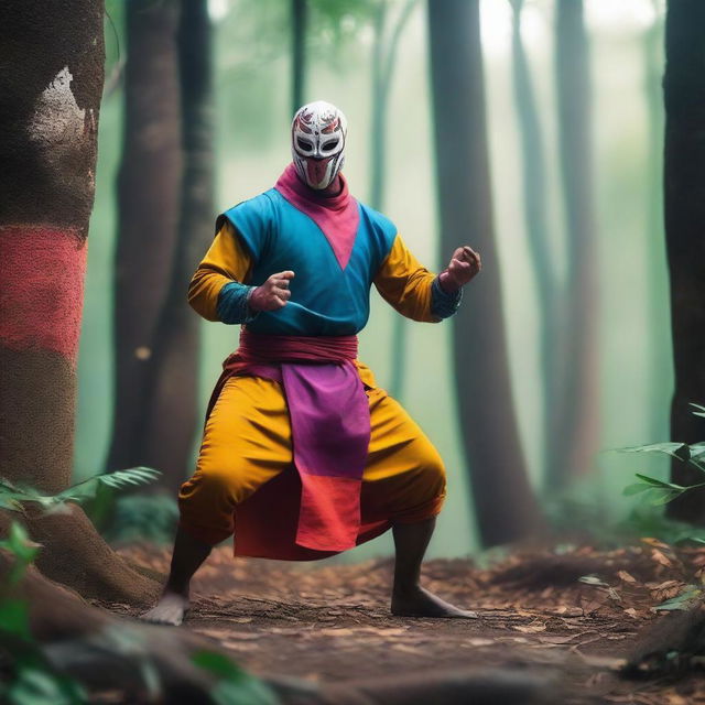 A human warrior monk from Dungeons and Dragons wearing a colorful lucha libre mask