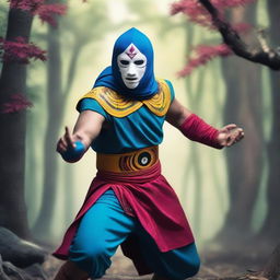 A human warrior monk from Dungeons and Dragons wearing a colorful lucha libre mask