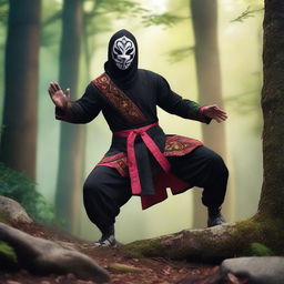 A human warrior monk from Dungeons and Dragons wearing a black lucha libre mask with vibrant accents