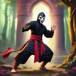 A human warrior monk from Dungeons and Dragons wearing a black lucha libre mask with vibrant accents