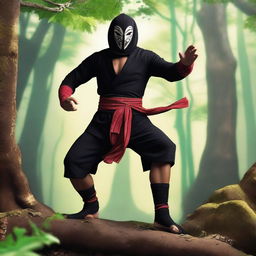 A human warrior monk from Dungeons and Dragons wearing a black lucha libre mask with vibrant accents