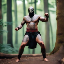 A tattooed, shirtless human warrior monk from Dungeons and Dragons wearing a black lucha libre mask with vibrant accents