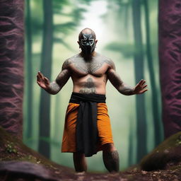 A tattooed, shirtless human warrior monk from Dungeons and Dragons wearing a black lucha libre mask with vibrant accents