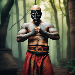 A tattooed, shirtless human warrior monk from Dungeons and Dragons wearing a black lucha libre mask with vibrant accents