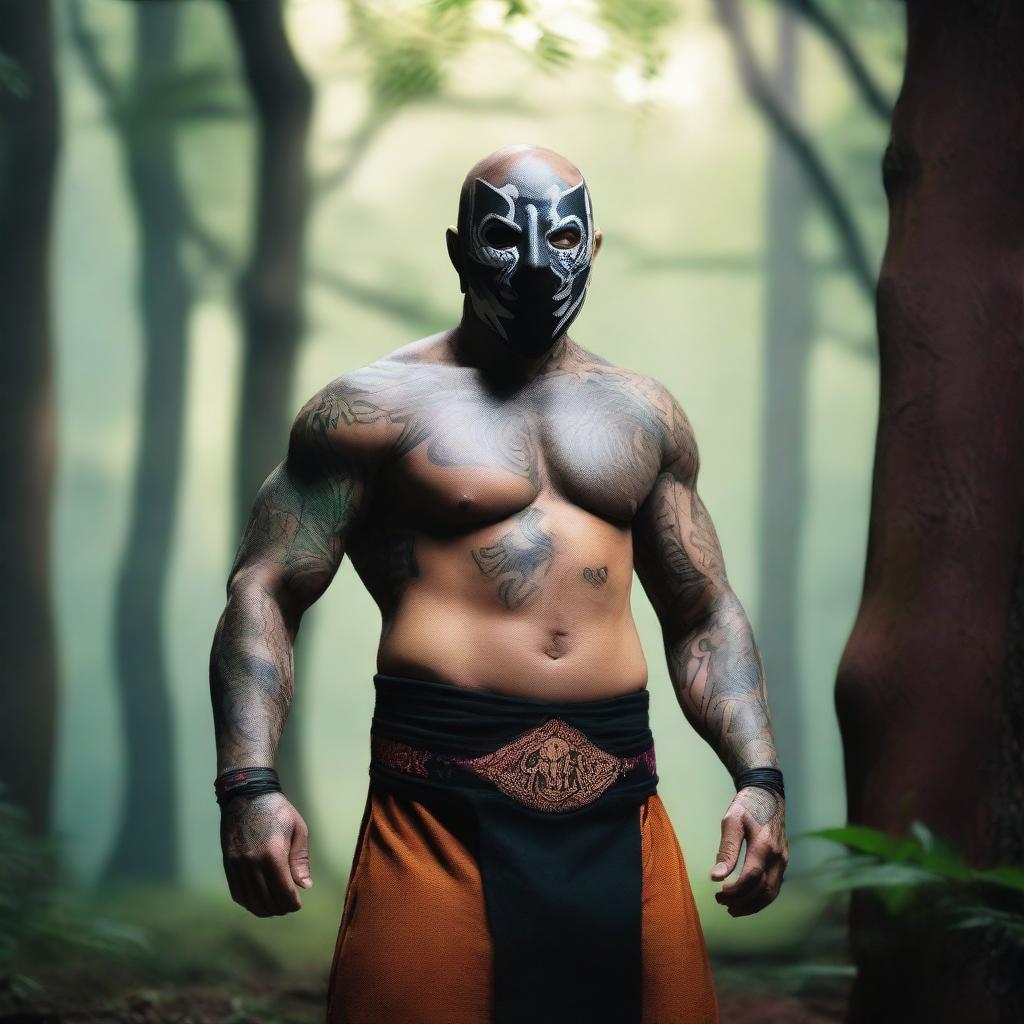 A tattooed, shirtless human warrior monk from Dungeons and Dragons wearing a black lucha libre mask with vibrant accents