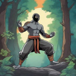 An anime drawing of a tattooed, shirtless human warrior monk from Dungeons and Dragons wearing a black lucha libre mask with vibrant accents