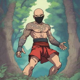 An anime drawing of a tattooed, shirtless human warrior monk from Dungeons and Dragons wearing a black lucha libre mask with vibrant accents