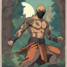 An anime drawing of a tattooed, shirtless human warrior monk from Dungeons and Dragons wearing a black lucha libre mask with vibrant accents