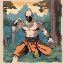 An anime drawing of a tattooed, shirtless human warrior monk from Dungeons and Dragons wearing a black lucha libre mask with vibrant accents