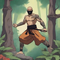 An anime drawing of a tattooed, shirtless human warrior monk from Dungeons and Dragons wearing a black lucha libre mask that covers the whole head with vibrant accents