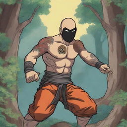 An anime drawing of a tattooed, shirtless human warrior monk from Dungeons and Dragons wearing a black lucha libre mask that covers the whole head with vibrant accents