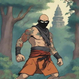 An anime drawing of a tattooed, shirtless human warrior monk from Dungeons and Dragons wearing a black lucha libre mask that covers the whole head with vibrant accents