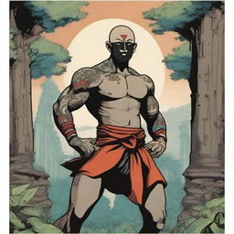 An anime drawing of a tattooed, shirtless human warrior monk from Dungeons and Dragons wearing a black lucha libre mask that covers the whole head with vibrant accents