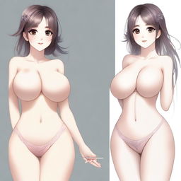 Create an image of a waifu character with sensual beauty, featuring measurements of 120 cm bust, 80 cm waist, and 110 cm hips