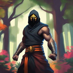 A human warrior monk from Dungeons and Dragons wearing a black lucha libre mask with vibrant accents