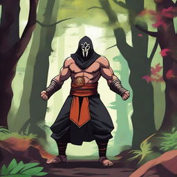 A human warrior monk from Dungeons and Dragons wearing a black lucha libre mask with vibrant accents