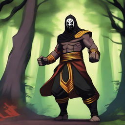 A human warrior monk from Dungeons and Dragons wearing a black lucha libre mask with vibrant accents