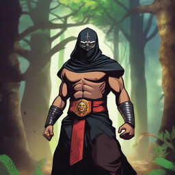 A human warrior monk from Dungeons and Dragons wearing a black lucha libre mask with vibrant accents