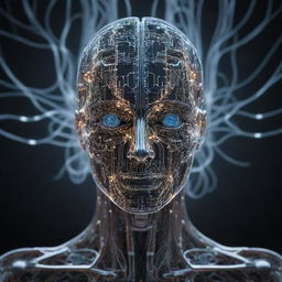 A creative representation of an AI entity, featuring luminous circuits, chrome finish and a neural network - a visual metaphor of artificial intelligence in action.