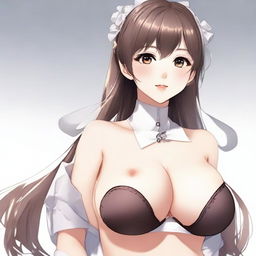 Create an image of a waifu character with sensual beauty, featuring measurements of 120 cm bust, 80 cm waist, and 110 cm hips, looking up from a top-down point of view