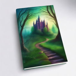 Create a captivating book cover featuring a mystical forest with a winding path leading to a hidden castle