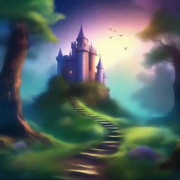 Create a captivating book cover featuring a mystical forest with a winding path leading to a hidden castle