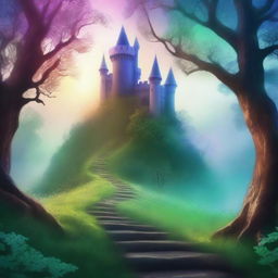 Create a captivating book cover featuring a mystical forest with a winding path leading to a hidden castle