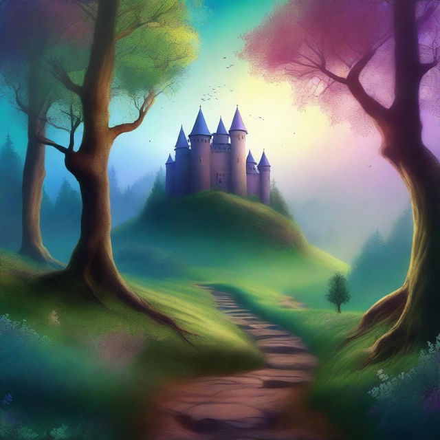 Create a captivating book cover featuring a mystical forest with a winding path leading to a hidden castle