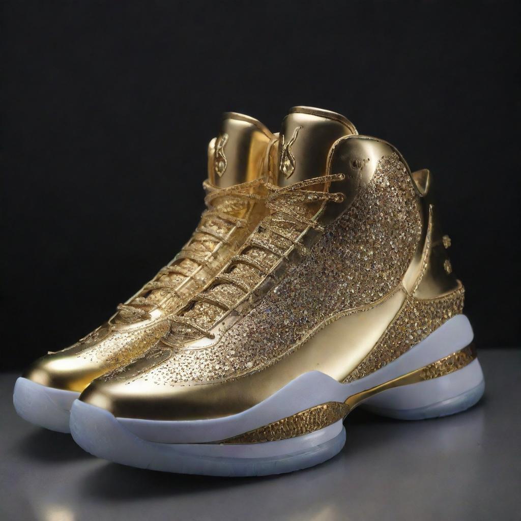 The most expensive basketball shoes, bedazzled with premium materials like top-grade leather, and accented with decorative elements such as precious jewels, gold detailings and a signature from a legendary basketball player.