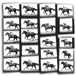 Create an image featuring 20 monochrome pictures of racehorses arranged in a 4 by 5 layout with black borders around each picture