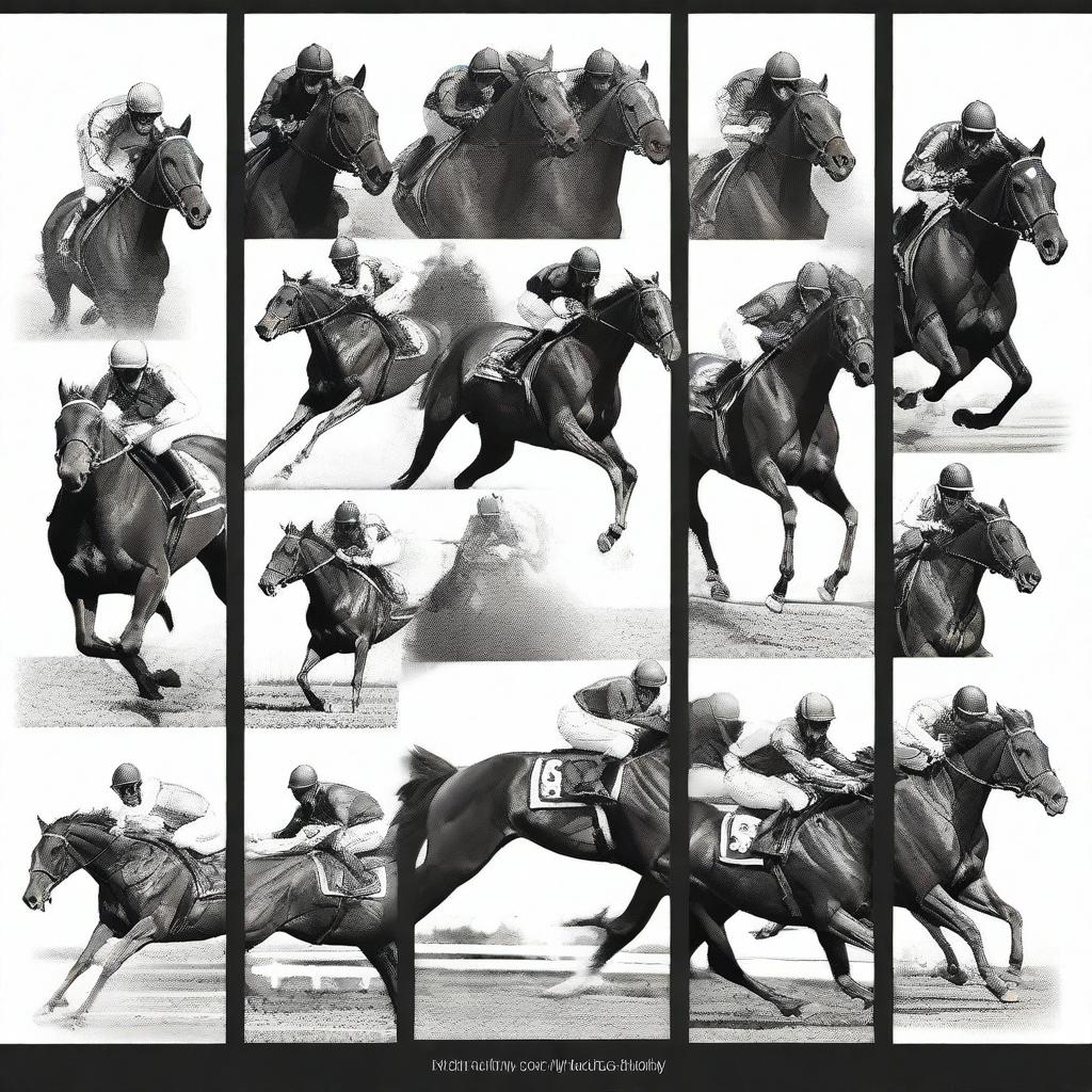 Create an image featuring 20 monochrome pictures of racehorses arranged in a 4 by 5 layout with black borders around each picture