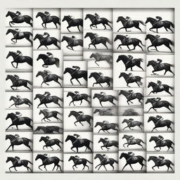 Create an image featuring 20 monochrome pictures of racehorses arranged in a 4 by 5 layout with black borders around each picture