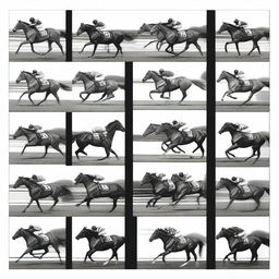 Create an image featuring 20 monochrome pictures of racehorses arranged in a 4 by 5 layout with black borders around each picture