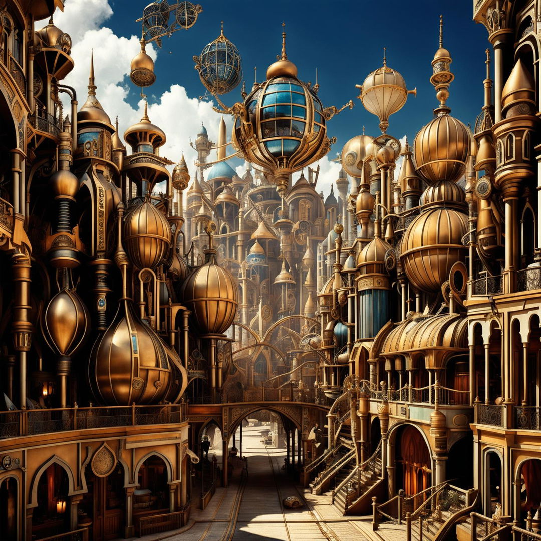 A realistic steampunk cityscape in Saudi Arabia, blending traditional Middle Eastern architecture with Victorian-era steampunk elements, featuring minarets, domes, brass gears, steam-powered machinery, airships, and mechanical camels