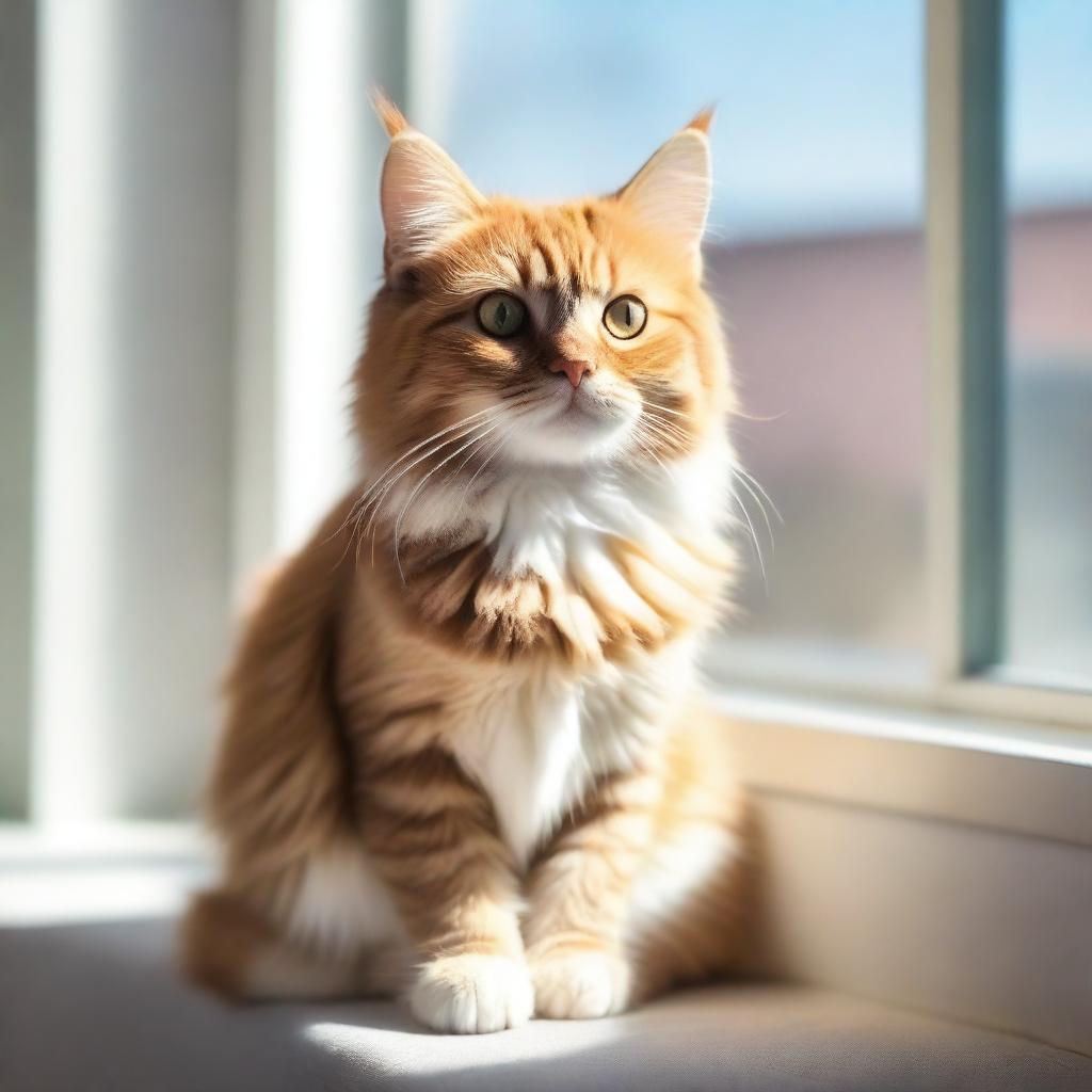 A cute and fluffy kitty sitting on a sunny windowsill, with soft light streaming in and highlighting its fur