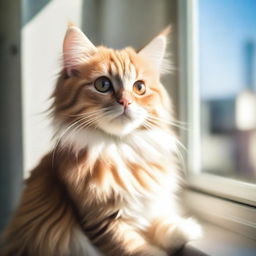 A cute and fluffy kitty sitting on a sunny windowsill, with soft light streaming in and highlighting its fur