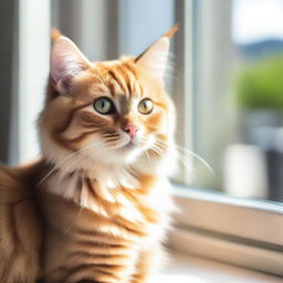 A cute and fluffy kitty sitting on a sunny windowsill, with soft light streaming in and highlighting its fur