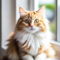 A cute and fluffy kitty sitting on a sunny windowsill, with soft light streaming in and highlighting its fur