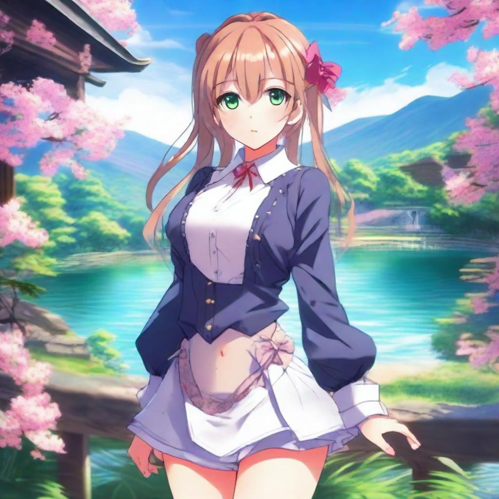 A beautifully drawn anime girl with a perfect body, featuring detailed and elegant clothing, standing in a picturesque background