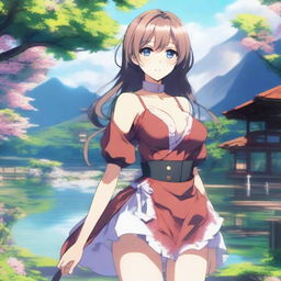 A beautifully drawn anime girl with a perfect body, featuring detailed and elegant clothing, standing in a picturesque background