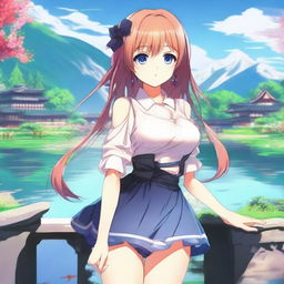 A beautifully drawn anime girl with a perfect body, featuring detailed and elegant clothing, standing in a picturesque background