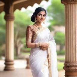 A beautiful Indian woman wearing a white saree, gracefully lifting it up to her knee