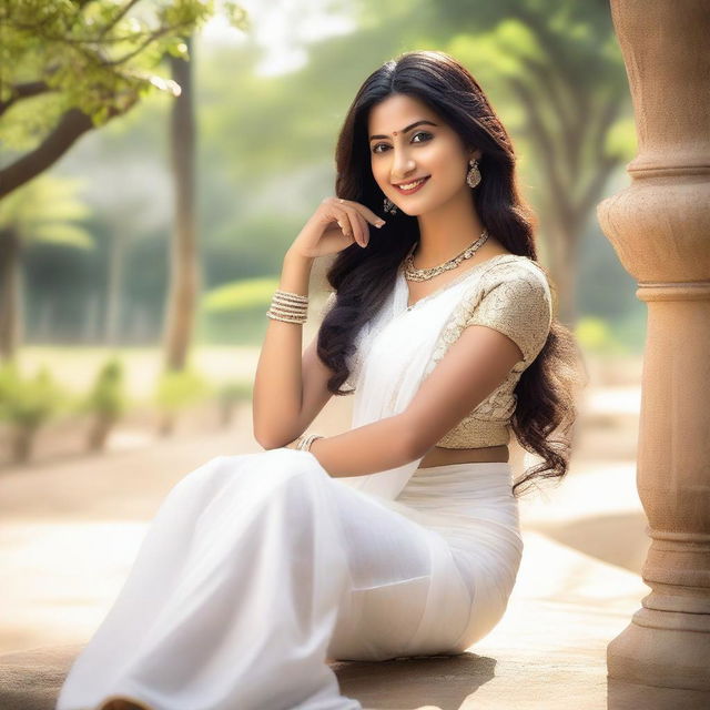 A beautiful Indian woman wearing a white saree, gracefully lifting it up to her knee