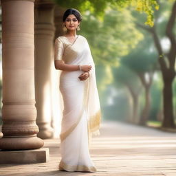 A beautiful Indian woman wearing a white saree, gracefully lifting it up to her knee