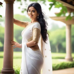 A beautiful Indian woman wearing a white saree, gracefully lifting it up to her knee