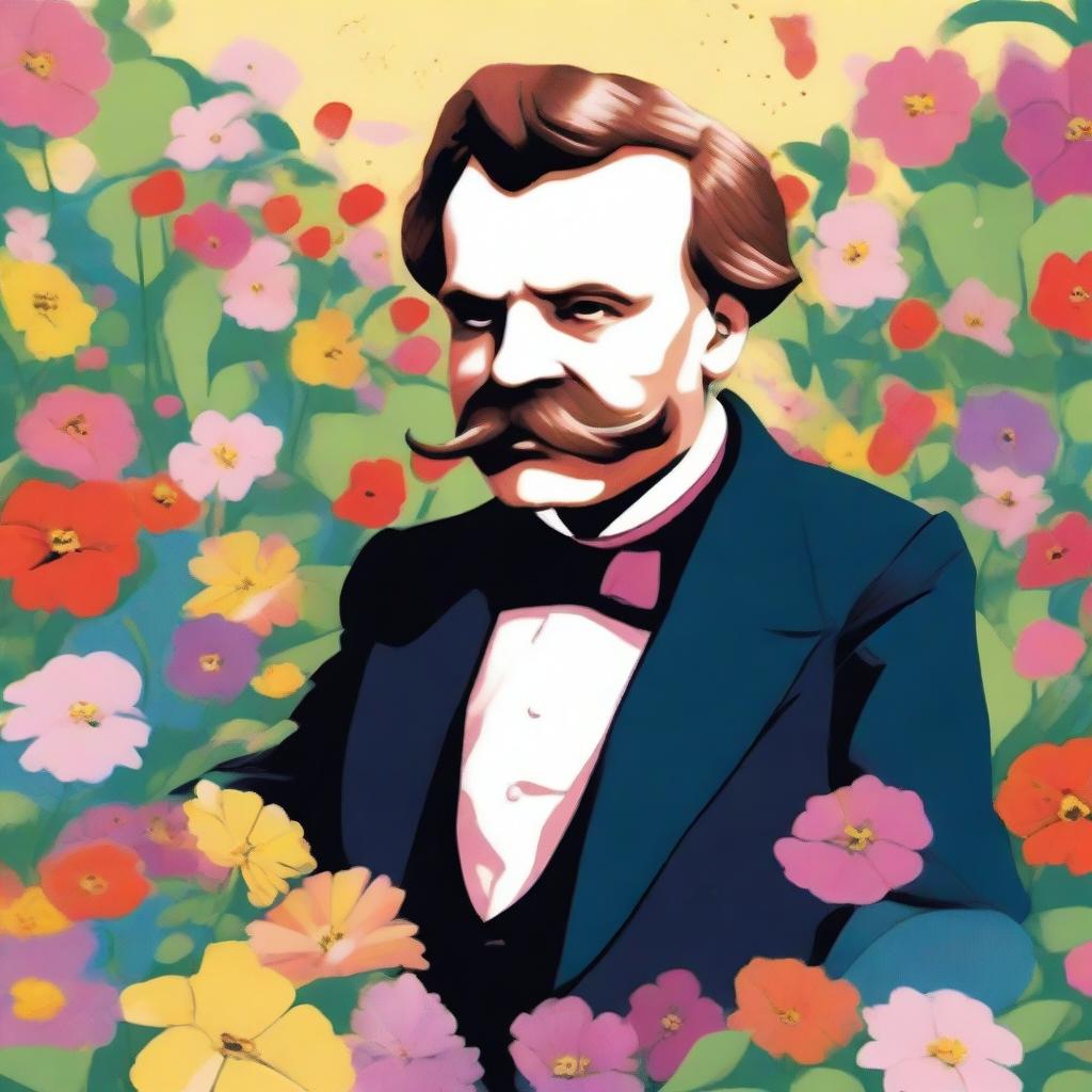 A whimsical illustration of Friedrich Nietzsche snorting a line of flower petals