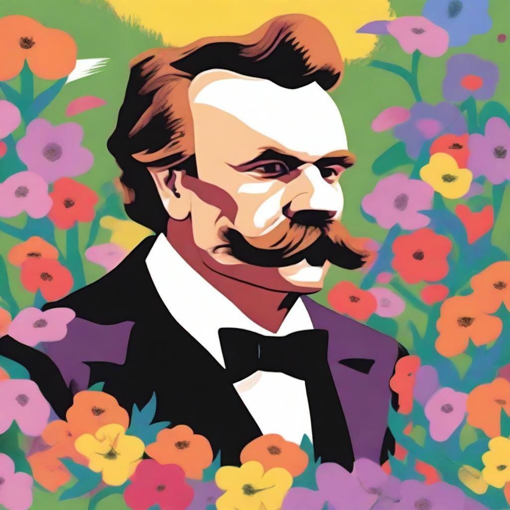 A whimsical illustration of Friedrich Nietzsche snorting a line of flower petals