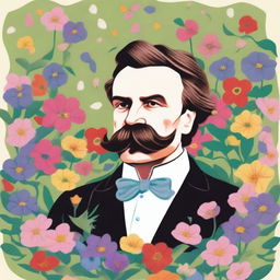 A whimsical illustration of Friedrich Nietzsche snorting a line of flower petals