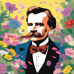 A whimsical illustration of Friedrich Nietzsche snorting a line of flower petals